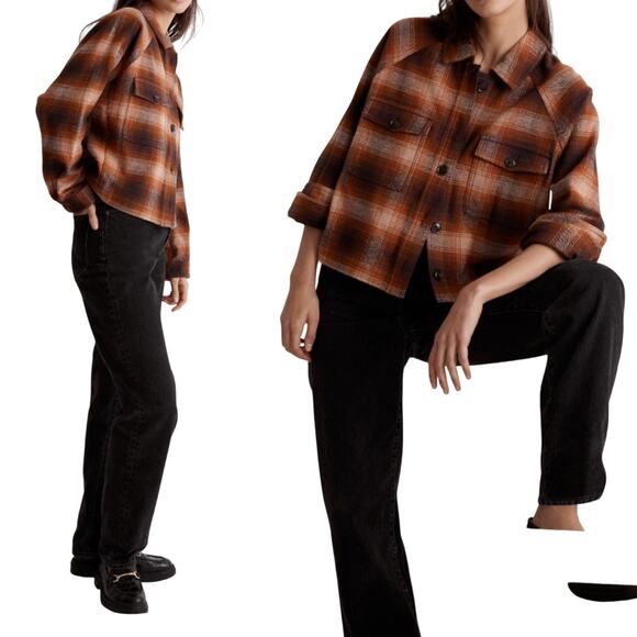 Madewell Flannel Shacket Plaid Shirt Jacket Button Down Saddle Brown Womens S - Picture 1 of 7